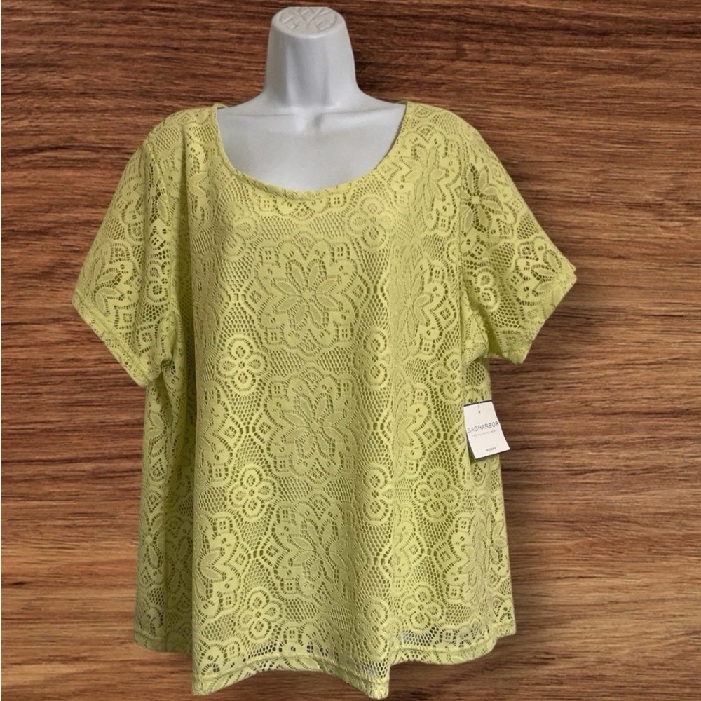 SAG HARBOR PLUS SIZE 2X LINED PEA GREEN LACED BLOUSE ROUND NECK SHORT SLEEVE NEW